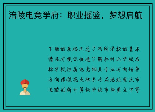 涪陵电竞学府：职业摇篮，梦想启航